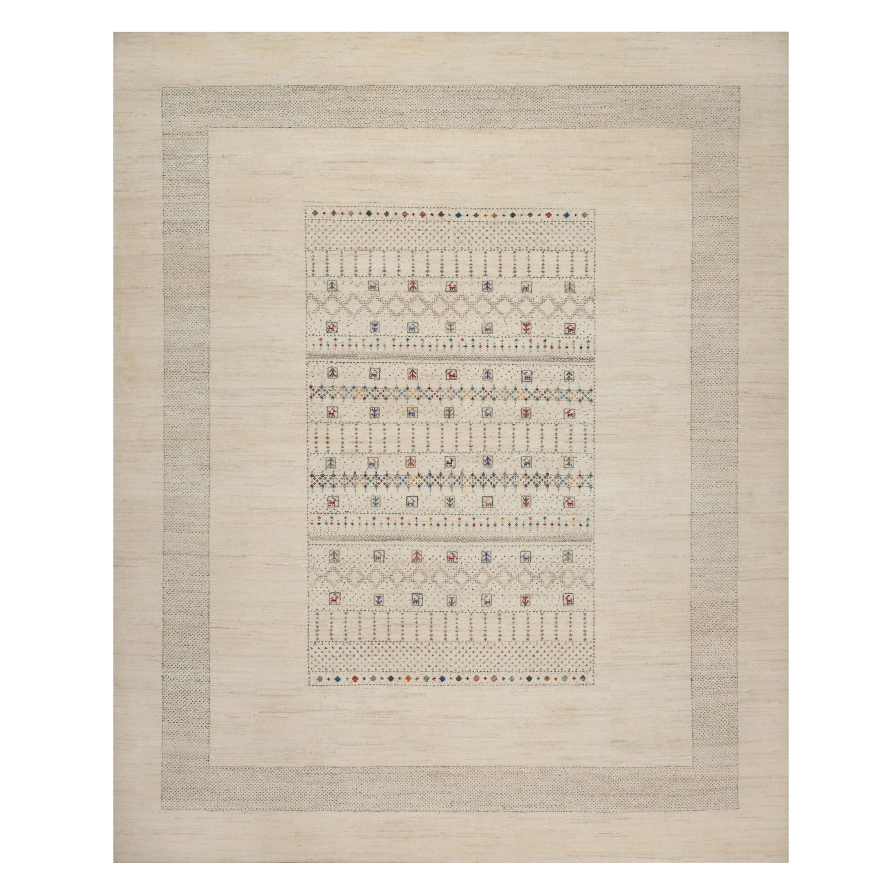 Parchment White, Modern, Lori Buft Gabbeh with Small Animal Figurines, Hand Knotted, Soft Wool, Thick and Plush, Oriental Rug